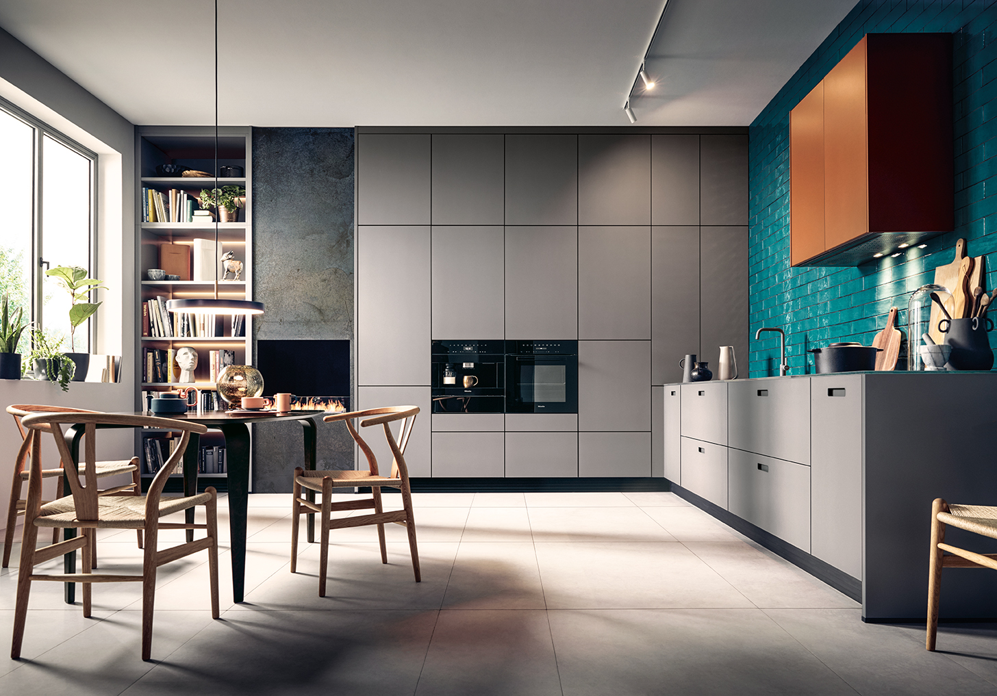 Spacious kitchen with gray cupboards