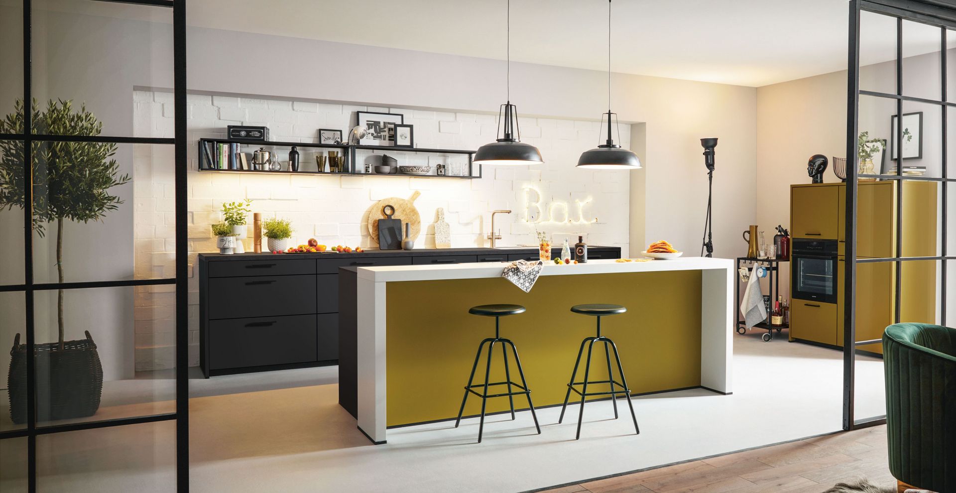 Front view with bar island and stools