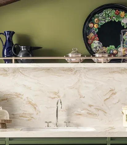 Seaside-Inspired Natural Kitchen Worktop on Dark Green Kitchen