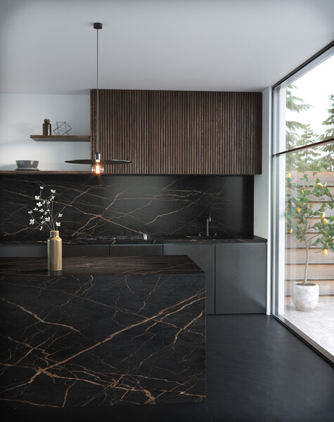 Black marble worktop and wall with golden veins