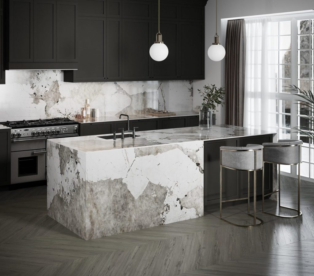Kitchen with white and gray granite-effect worktop