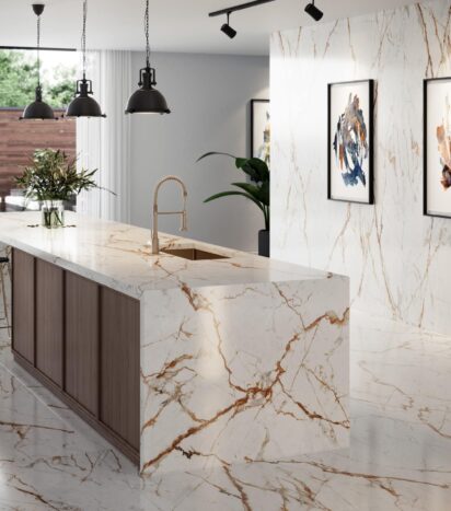 White worktop with gold veins and blue shadows