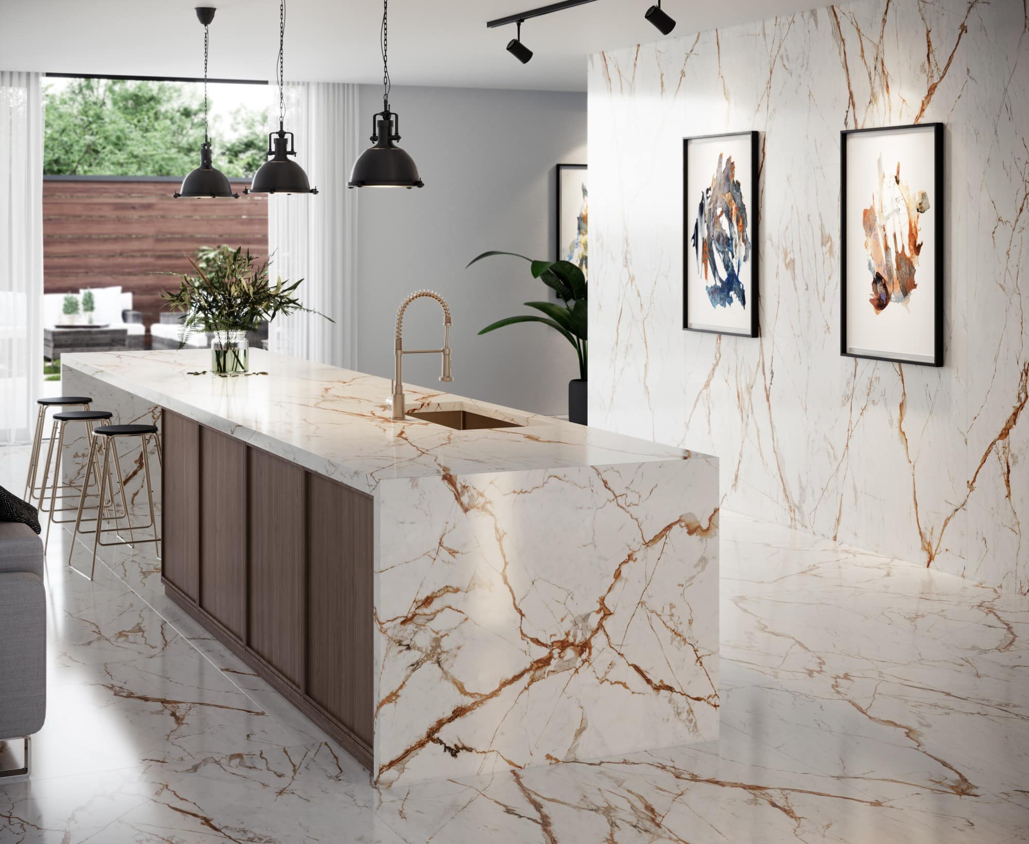 White worktop with gold veins and blue shadows