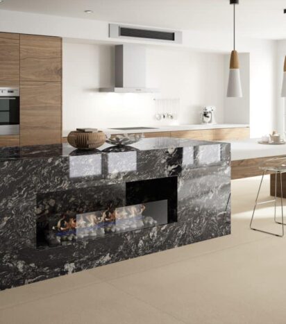 Black Kitchen Worktop with White and Gold Veins