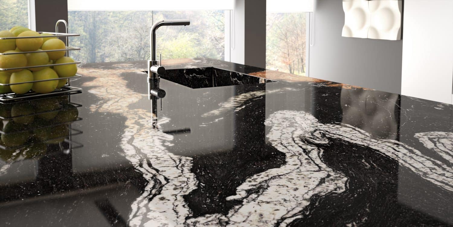 Details Black Granite Worktop with White and Gold Finishes
